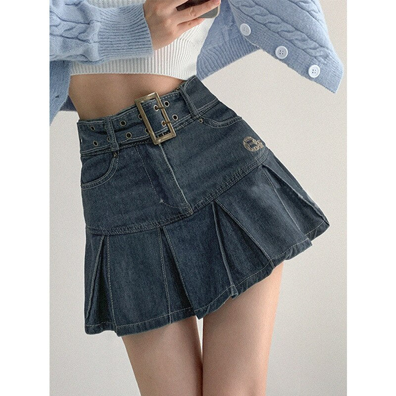 Summer New Denim Short Skirt Women Retro Sexy High Waist A-line Pleated Skirt Ladies Korean Fashion Hot Girl Style Skirt