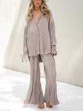 Women Two-piece Pleated Pants Suits Casual Chic Solid Color Long Sleeve Button down Shirts and Straight Leg Trousers Set