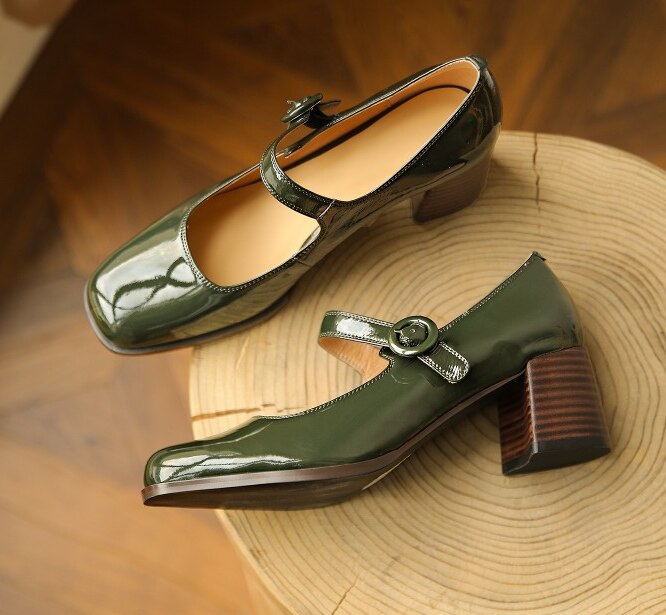 woloong Woman‘s New Mary Janes Shoes Genuine Leather Shallow Square heel Pumps Buckle Strap Round Toe Lady Footwear
