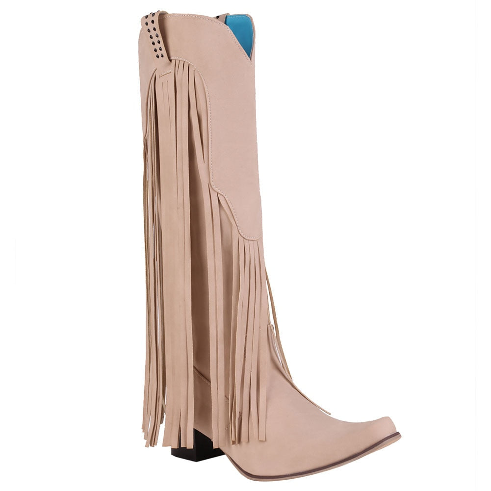 woloong  New Arrival Cowboy Western Long knee-high Boots Women Stacked Heeled Fringe Retro Casual Ridding Boots Autumn Shoes