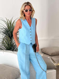 Women Pants 2 Pieces Sets Fashion Linen Vest Tops+Straight Pants Office Suit Vintage Woman Two Pieces Outfit