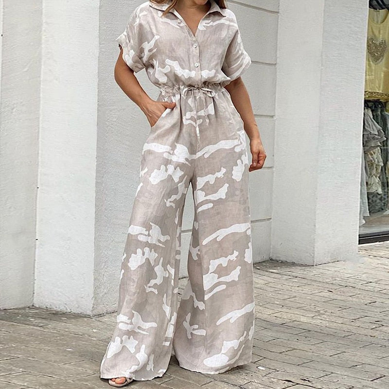 Summer Women Camouflage Print Playsuit Fashion Ladies Wide Leg Romper Overalls Casual Waisted Drawstring Lace-up Shirt Jumpsuits