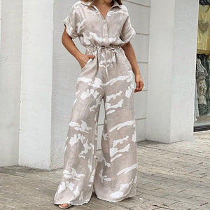 Summer Women Camouflage Print Playsuit Fashion Ladies Wide Leg Romper Overalls Casual Waisted Drawstring Lace-up Shirt Jumpsuits