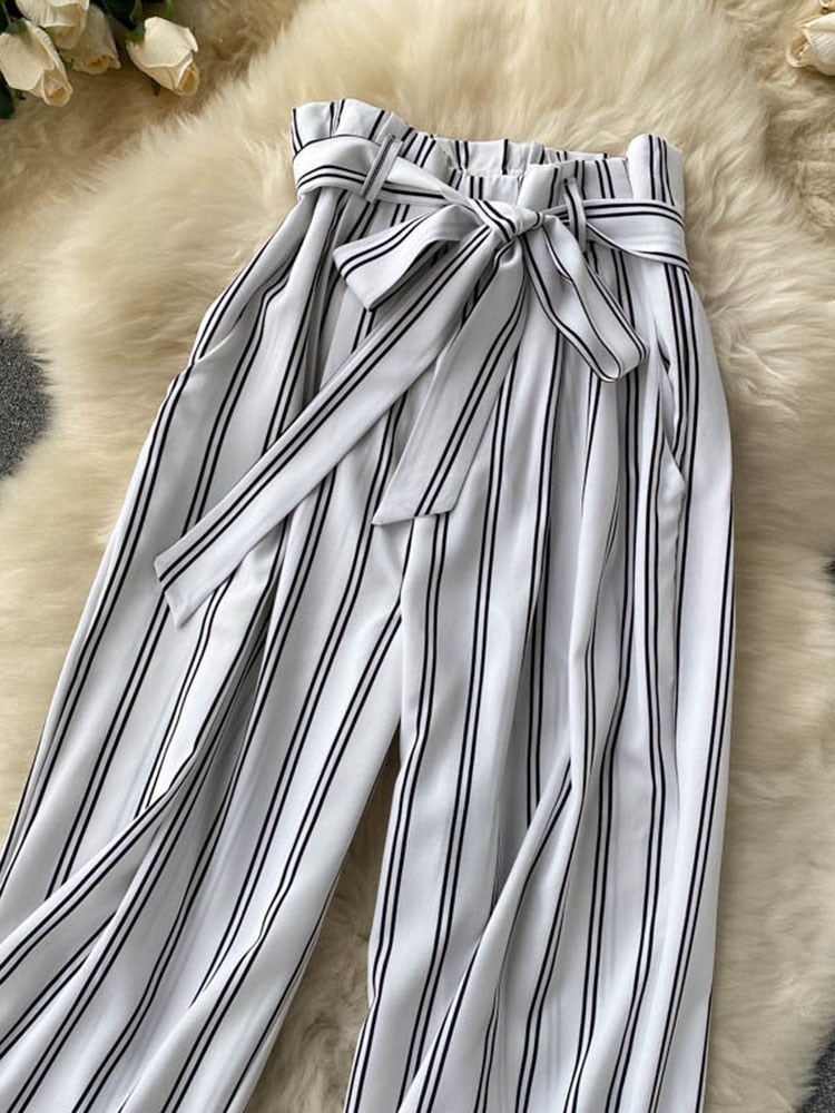 goosudu Summer New Fashion All-match Women's Casual Pants Retro Striped Color Slim Long Slit Wide Leg Pants DK1053