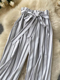 goosudu Summer New Fashion All-match Women's Casual Pants Retro Striped Color Slim Long Slit Wide Leg Pants DK1053