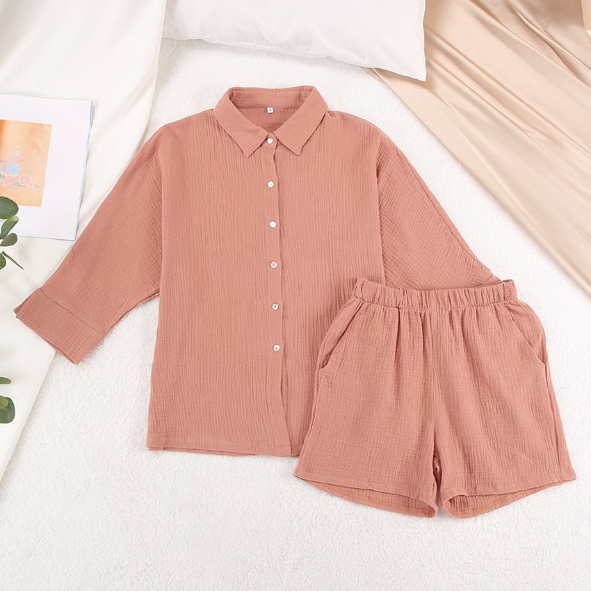 Cotton Pajamas For Women Sets Suit Casual Sleepwear Turn-Down Collar Nine Quarter Sleeve Sleep Tops Shorts Female Homewear