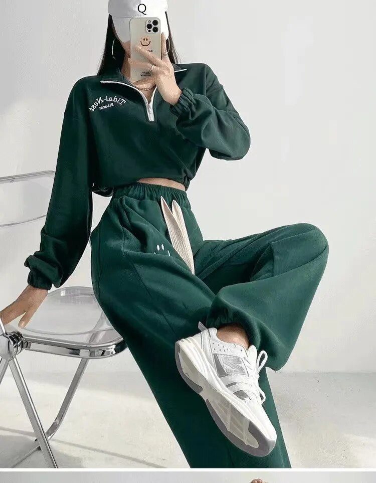 Women Y2k Tracksuit Sweatpants 2 Pieces Sets Womens Hoodies and Trousers Sports Suit Zip Crop Top Sweatshirts Pants Outfits