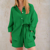 Cotton Pajamas For Women Sets Suit Casual Sleepwear Turn-Down Collar Nine Quarter Sleeve Sleep Tops Shorts Female Homewear