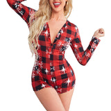 goosudu  Women Christmas Printed Pattern Pajama Button V-neck Long Sleeve Bodycon Playsuit Casual Homewear Red/ Wine Red/ Navy/ Black