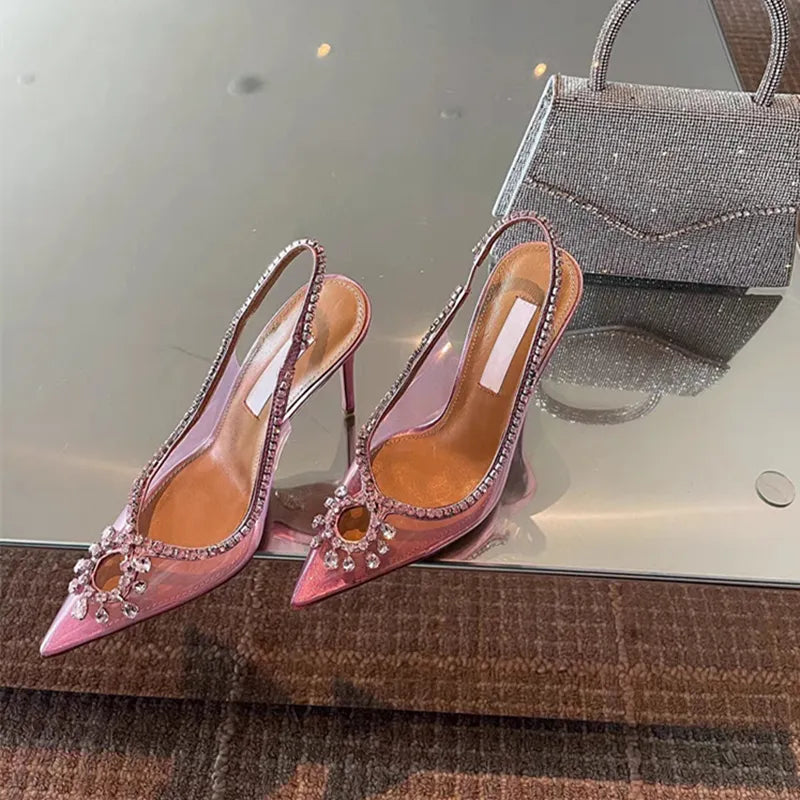 Spring and summer new European and American pointed high heels transparent rhinestone fashion sandals
