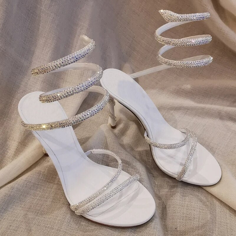 woloong  Red\Black\White Serpentine Winding Crystal Sandals Women Rhinestones Ankle Laces Stiletto Summer Pump Luxury New Party Fit Shoes