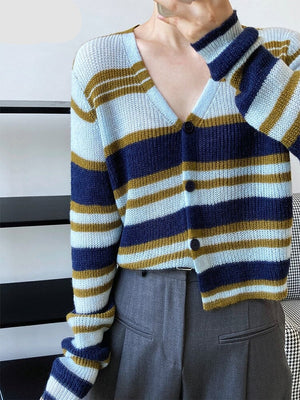 Blue Striped Thin Knitting Cardigan Sweater Loose Fit V-Neck Long Sleeve Women New Fashion Tide Autumn Winter 1DF0623