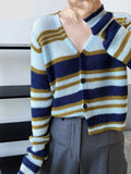 Blue Striped Thin Knitting Cardigan Sweater Loose Fit V-Neck Long Sleeve Women New Fashion Tide Autumn Winter 1DF0623