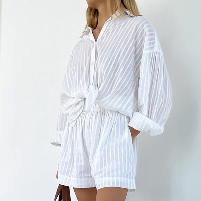 Women's Pajamas Cotton Casual Shorts Sets Striped Jacquard 2 Pieces Cozy Lapel Lantern Sleeve Shirt Summer Outfit Shorts Suits