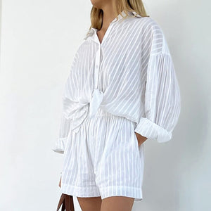 Women's Pajamas Cotton Casual Shorts Sets Striped Jacquard 2 Pieces Cozy Lapel Lantern Sleeve Shirt Summer Outfit Shorts Suits