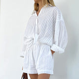 Women's Pajamas Cotton Casual Shorts Sets Striped Jacquard 2 Pieces Cozy Lapel Lantern Sleeve Shirt Summer Outfit Shorts Suits