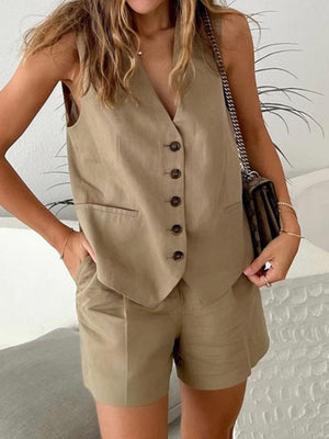 Linen V-neck Vest High Waist Shorts Sets Single Breasted Sleeveless Blazer Shorts 2 Pcs Set Women Fashion Commuter Suits