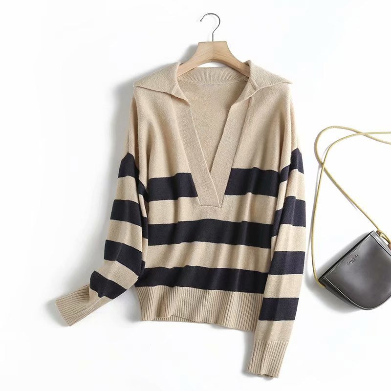Y2k Autumn Winter Loose Knitted Sweater Jumpers Woman New Vintage Casual Polo Deep V-Neck Striped Pullover Female