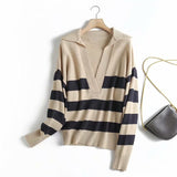 Y2k Autumn Winter Loose Knitted Sweater Jumpers Woman New Vintage Casual Polo Deep V-Neck Striped Pullover Female