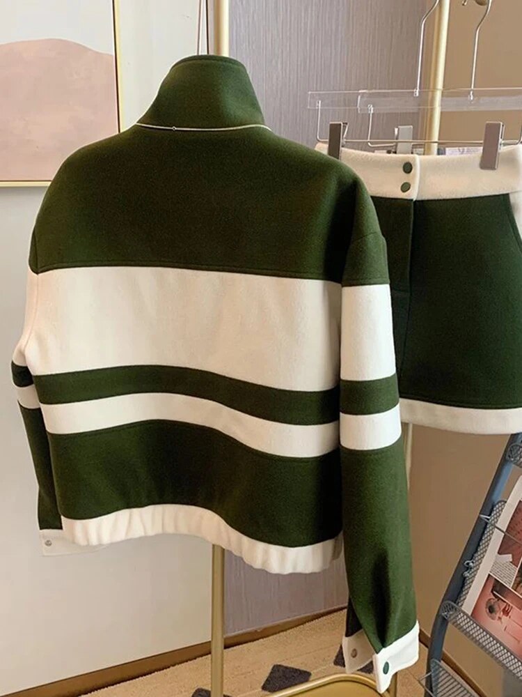 New Casual 2 Piece Set Women Loose Hoodie Vintage Baseball Jacket High Waist Mini Skirts Two Piece Suits