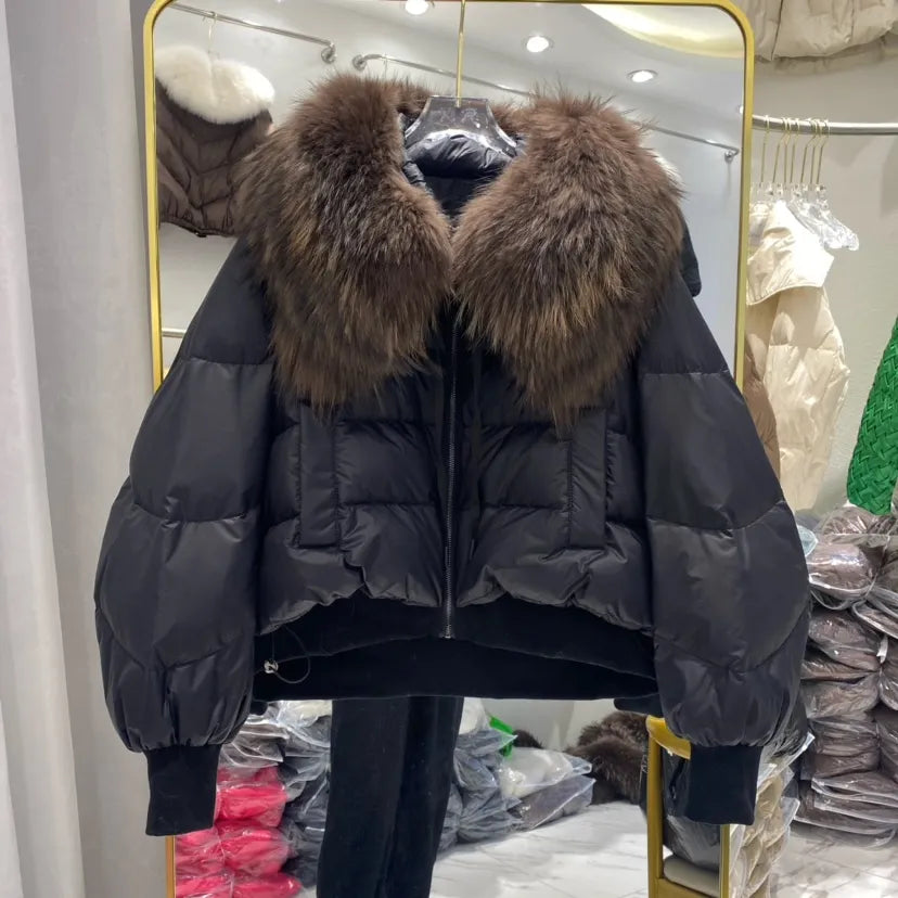 European Version Winter New Light Luxury All-match Big Fur Collar Loose Women's Long-Sleeved Bread Korean Version Down Jack