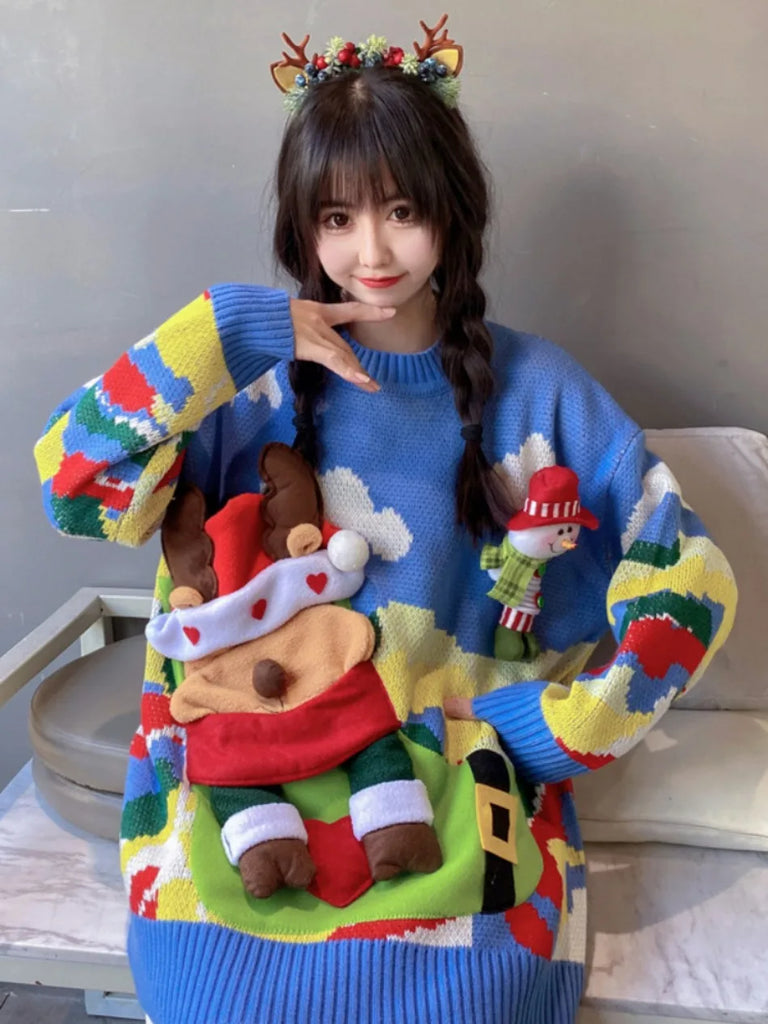 Women's Sweater Autumn/Winter New Christmas Elk Snowman O Neck Knitted Sweaters Tops Fashion Casual Loose Women Knit Pullovers New Year