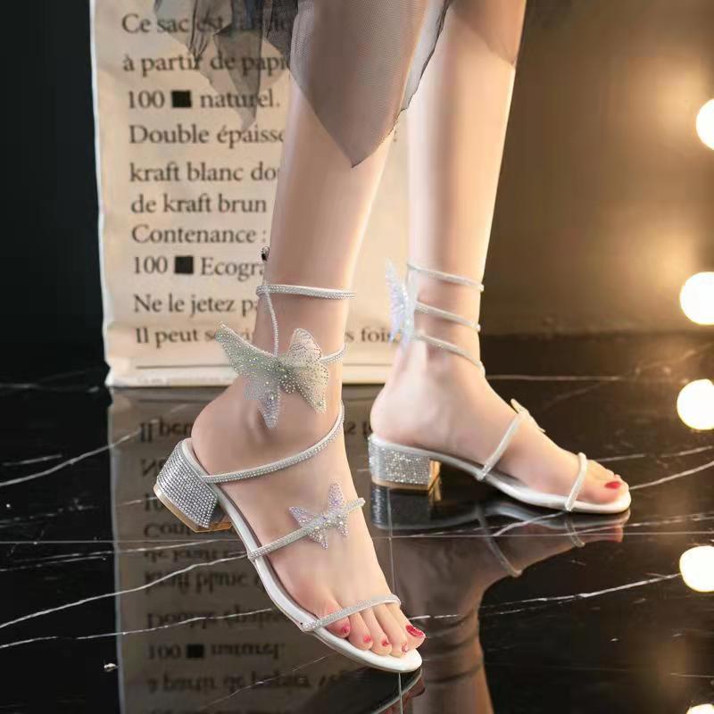 Summer New Women's Sandals Fashion Luxury Rhinestone Butterfly Snake Surround Chunky Heel Banquet Shoes