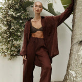 Women Cotton Linen Pajamas Shirt Two Piece Sets Casual Solid Long Sleeve Shirts And Trousers Suit Home Loose Chic Blouse Outfits