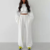 woloong  White Three Piece Set For Women O Neck Long Sleeve Tops Sleeveless Vest Wide Leg Pants Female Casual Sets New