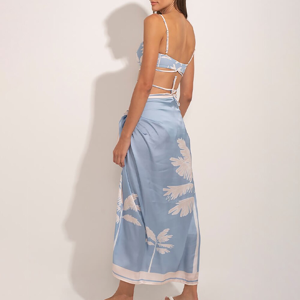 Fashion Print Beach Swimsuit Set Two-piece with Summer Dresses for Women Separate Bandeau String Lace Up bikinis Cover-ups