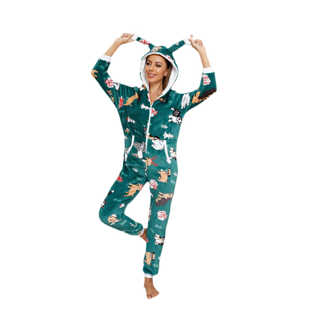 Women Winter Casual Nightwear Christmas Printed Long Sleeve Hooded Jumpsuit Loose Pajama Home Sleep Wear S/ M/ L/ XL/ XXL