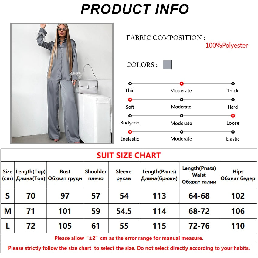 Elegant Sleepwear Pajama Pants Suit Woman Fashion Long Sleeve Feather Blouses Loose Long Pants 2 Piece Sets Womens Outfits