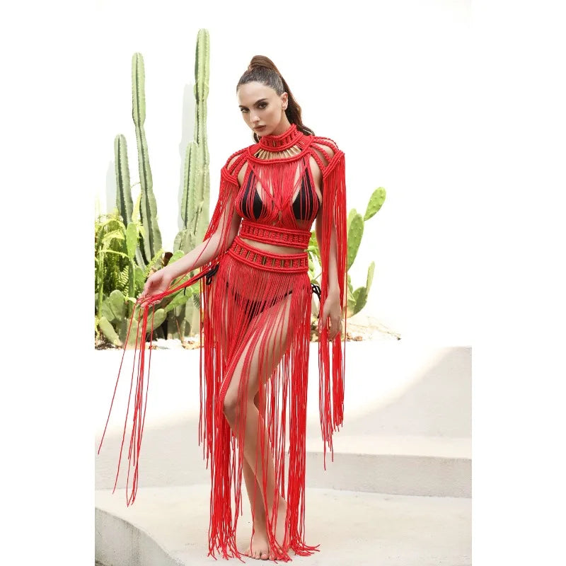 Tassel Hand Crochet Knitted Women Bikini Cover Ups  Summer Holiday Beach Bathing Suit Sexy Hollow Out Skirts Matching Set