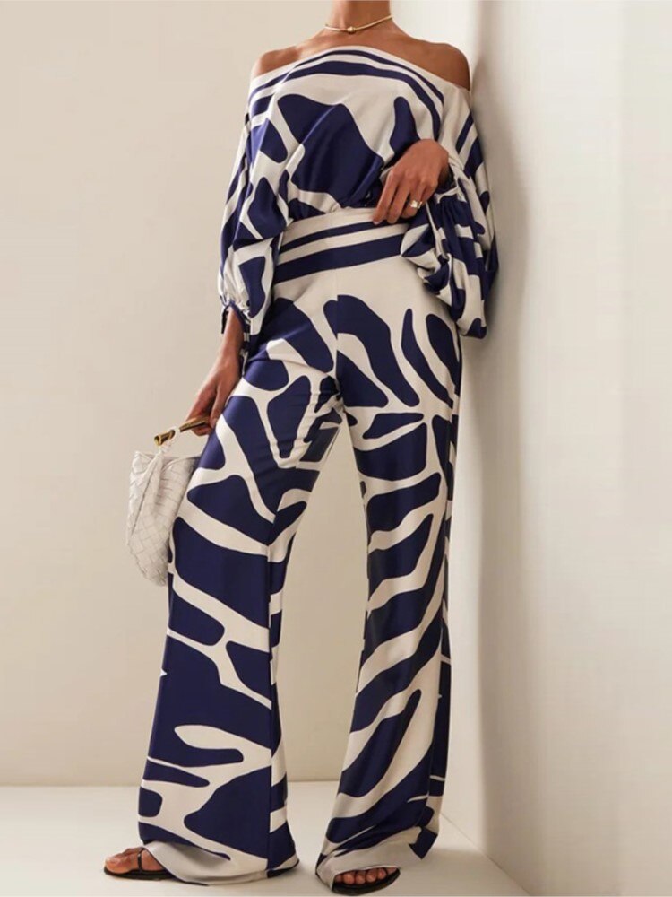 Satin Printing Off Shoulder Commuting Suits Fashion Tops Long Pants 2 Piece Sets  Women Spring Summer Loose Casual Outfits