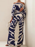 Satin Printing Off Shoulder Commuting Suits Fashion Tops Long Pants 2 Piece Sets  Women Spring Summer Loose Casual Outfits