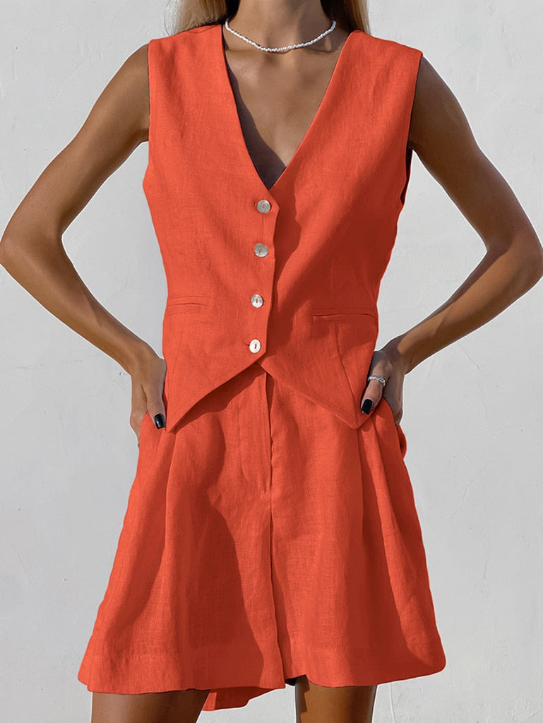 Cotton Linen Vest Shorts White Blue Sets Sleeveless Button V-neck Waistcoat 2 Pieces Set Womens Elegant Top Shorts Suits