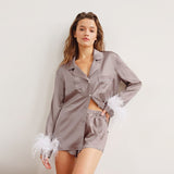 Trendy Women Pajamas Set Autumn Casual Lapel Tops + Feather 2Pcs Pants Suits Sexy Lingerie Nightwear Silk Satin Pyjamas pjs Suit