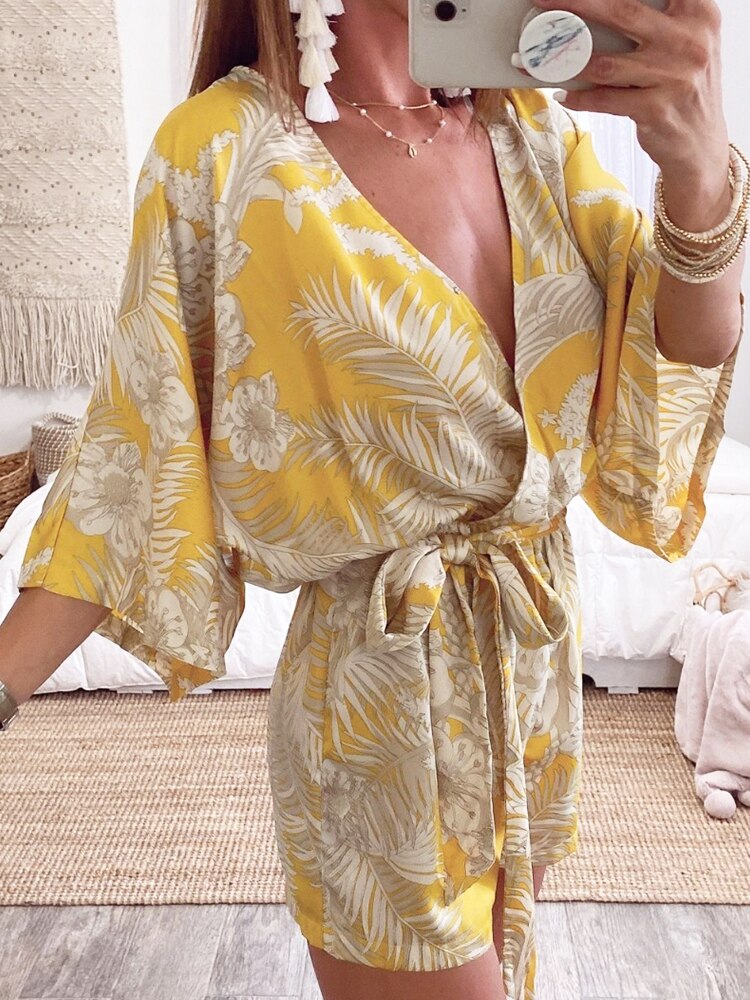 Leaf Print White Batwing Sleeve Rompers Overalls Summer Autumn Sash Wide Leg Beach Boho Playsuit  Romper