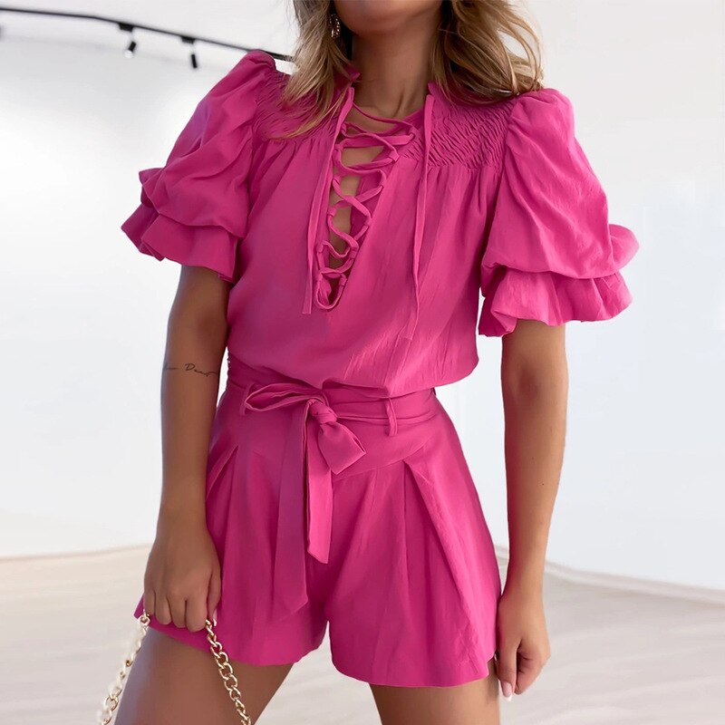 Stand Collar Tie Up  Orange Women Shorts Set Summer Belt Rose Red Casual Fashion Suits Two Pieces Outfit