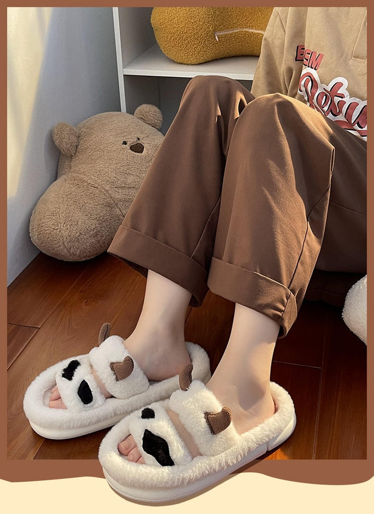 woloong New Design Women Winter House Furry Slippers Couple Fluffy Fur Home Slides Flat Indoor Floor Shoes Ladies Cute Flip Flops