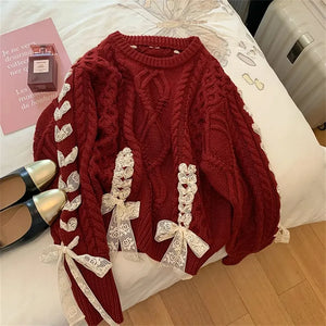 Cute girl red Fried Dough Twists ribbon sweater Autumn/Winter New Christmas Sweet Bow Knit Top Women's Korean Fashion Sweat New Year