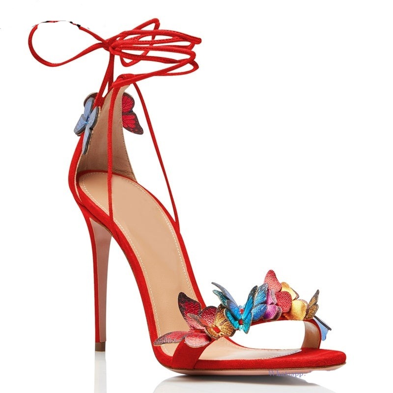 woloong Green Yellow Butterfly Sandals Back Lace Up Blue Red Thin High Heel Sandals New Summer Shoes For Women Stilettos Sandals