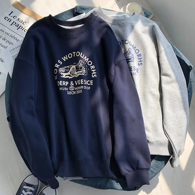 Retro Printed Round Neck Sweatshirt Long Sleeved T Shirt Men and Women New Fashion Casual Loose All Match Pullover Oversized Top