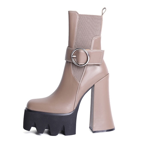 Spring and Autumn New Thick Heel Waterproof Platform Square Toe Short Boots Green Fashion Women's Boots Genuine Leather