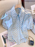 Button Up Shirt Women Tops Polka Dots French Blue Blouses Puff Sleeve Turn-Down Collar Chic Sweet Casual Summer New