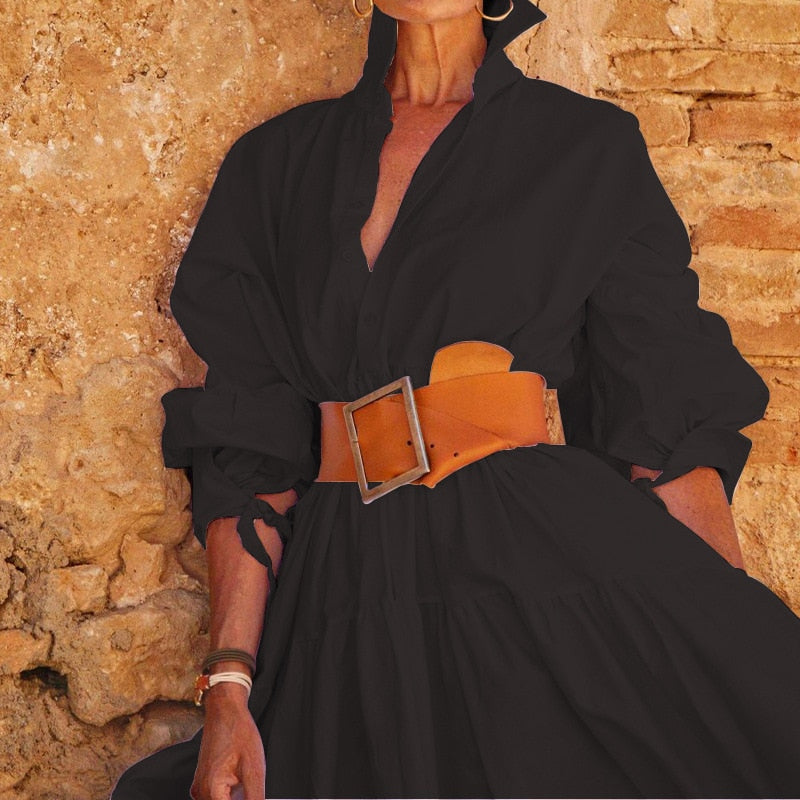 Stand Collar Long Sleeve Sexy Slim Dress Fashion New High Waist A-line Dress New Spring Autumn Women Solid Color Elegant Dresses