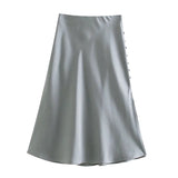 woloong  Summer Women Satin Elastic Waist Side Slit A-Line Skirt New Fashion Lady Button Decoration Falda Midi LUJIA ALAN P1597