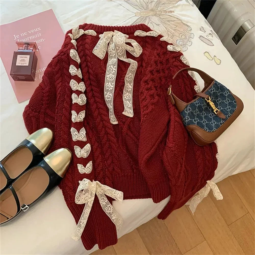 Cute girl red Fried Dough Twists ribbon sweater Autumn/Winter New Christmas Sweet Bow Knit Top Women's Korean Fashion Sweat New Year