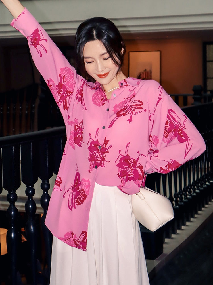 Hit Color Loose Shirts For Women Lapel Long Sleeve Patchwork Single Breasted Casual Loose Blouse Female Fashion New