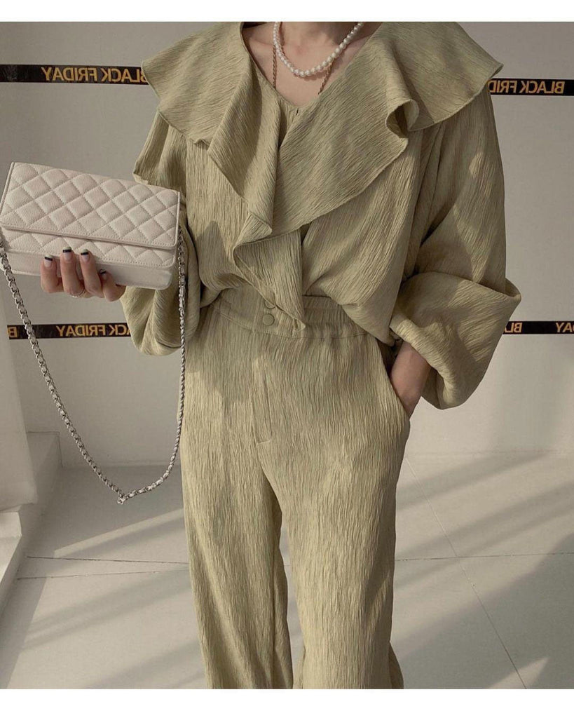 Ruffle Spliced V-neck Shirt + High Waist Wide Leg Pants Set Female  Autumn New Women Solid Loose Two-piece 16T577